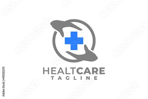 illustration of two hands and a cross medical symbol in the center. health carrying logo vector isolated.