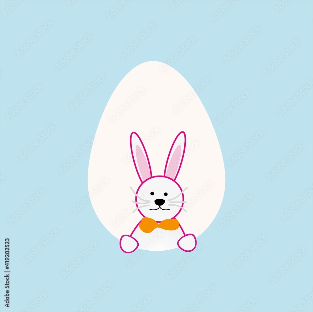 beautiful festive easter bunny with orange bow on egg background