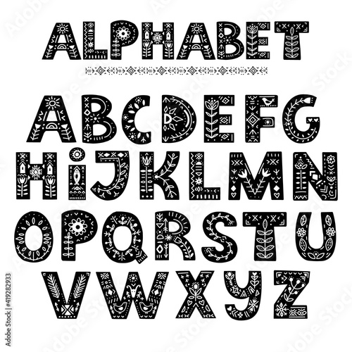 Alphabet hand drawn letters in folk style. 