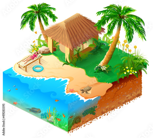 Beach vacation on tropical island isometric 3d illustration. Woman in bikini, palms, sea and hut