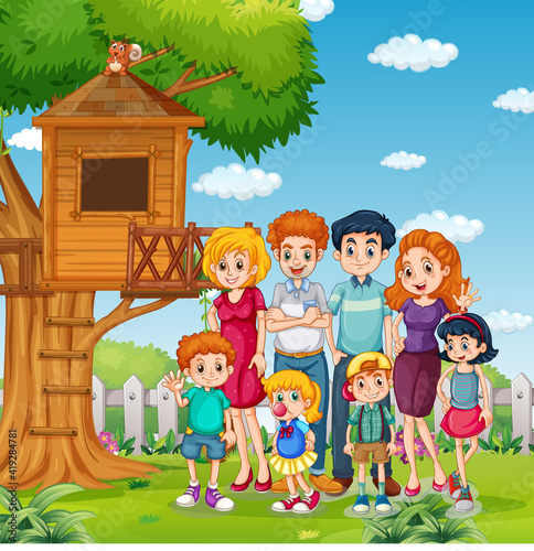 Park outdoor scene with happy family