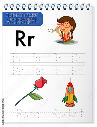 Alphabet tracing worksheet with letter R and r