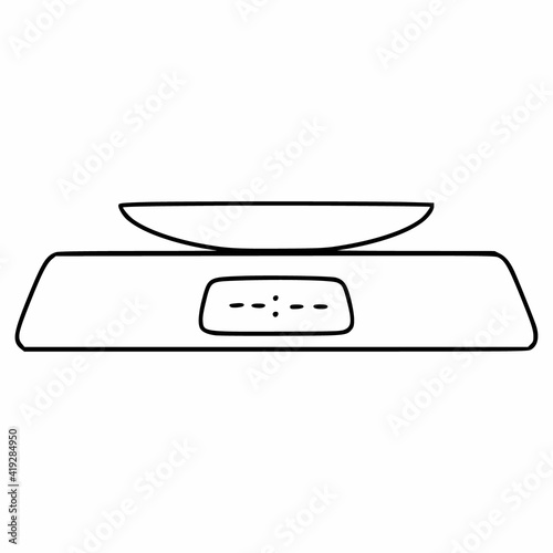 Kitchen electronic scales in the style of dood. Kitchen appliance for measuring the weight of food. Vector icon on a white background.