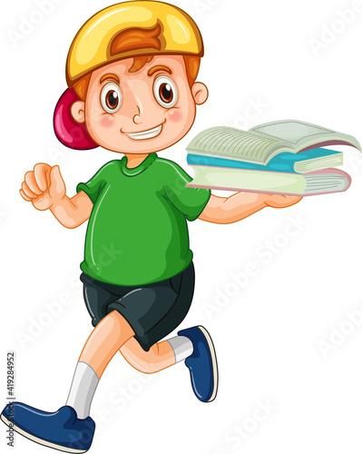 A happy boy holding book cartoon character on white background