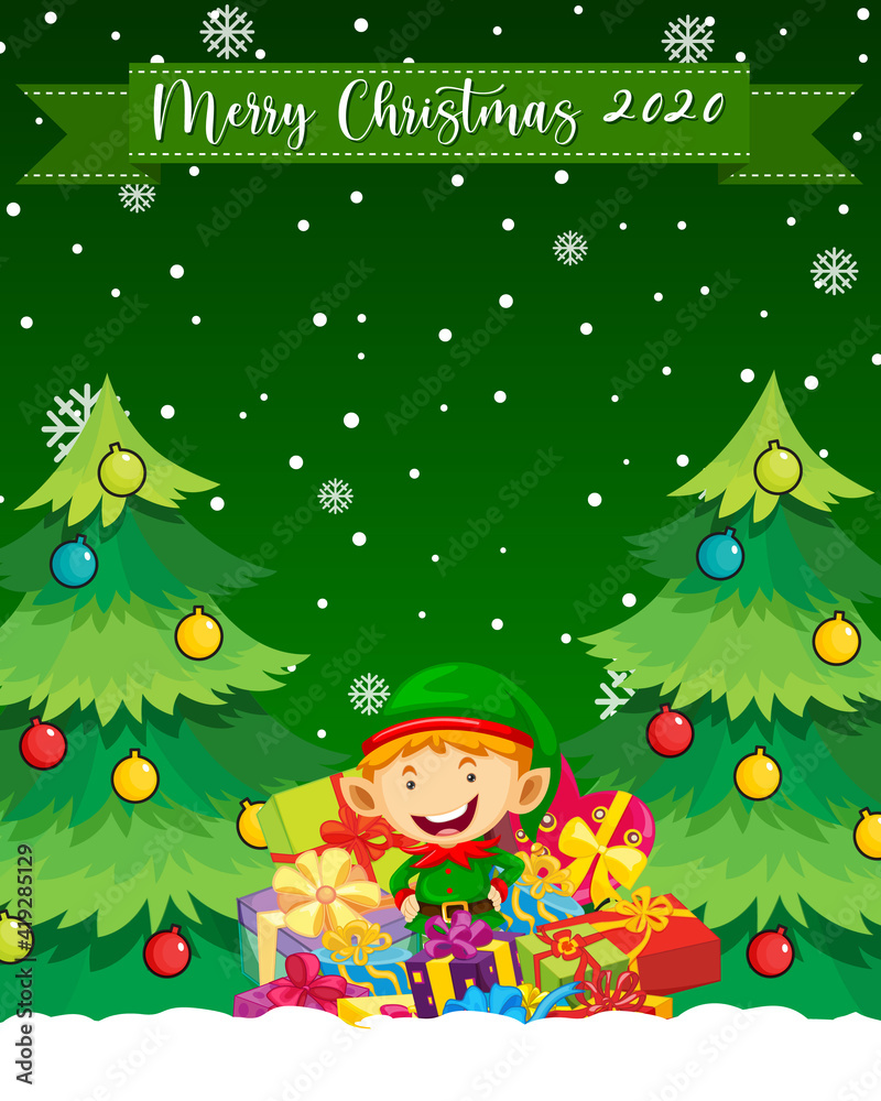 Merry Christmas 2020 font logo with cute elf cartoon character
