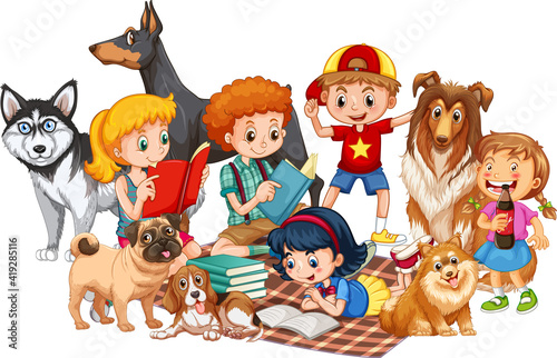 Group of children with their dogs on white background