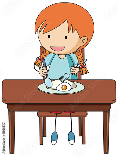 A girl having breakfast doodle cartoon character isolated
