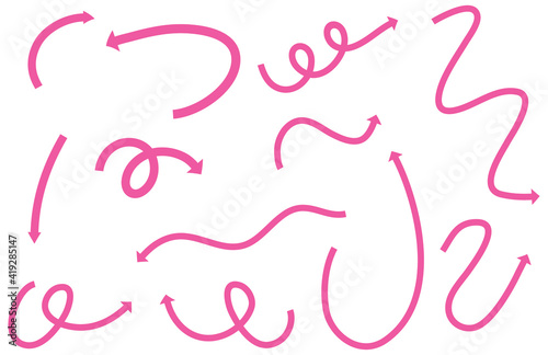 Different types of pink hand drawn curved arrows on white background