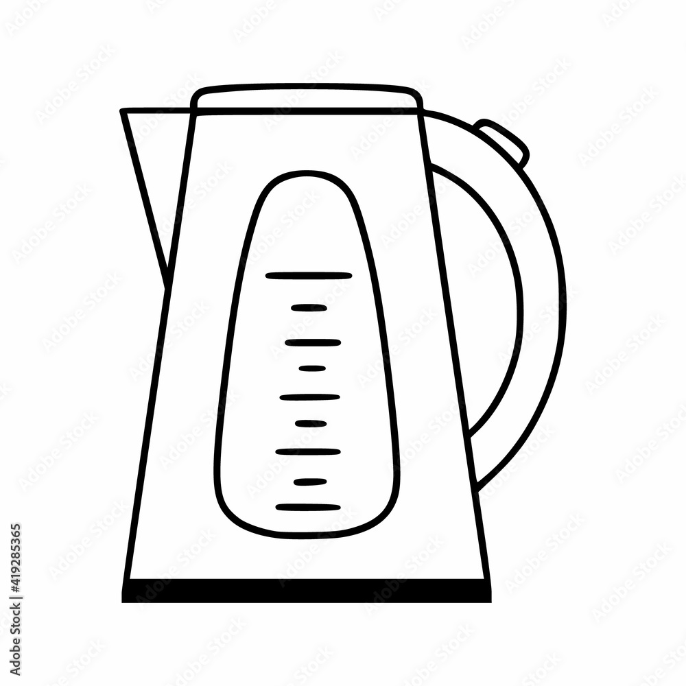Electric kettle in a linear style. Kitchen appliances for cooking. Vector icon in the doodle style. Electric kettle in a linear style. Kitchen appliances for cooking. Vector icon in the doodle style.