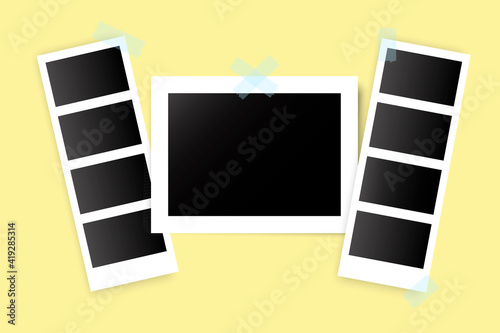 Retro icon with black film taped on tape. Vector image. Camera icon. Photo frame. Stock image. EPS 10.