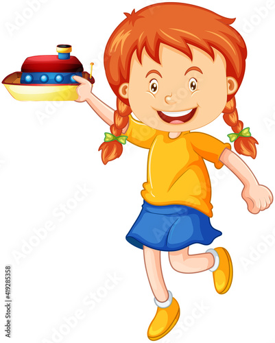 Happy girl cartoon character holding a toy ship