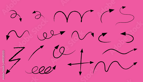 Different types of hand drawn curved arrows on pink background