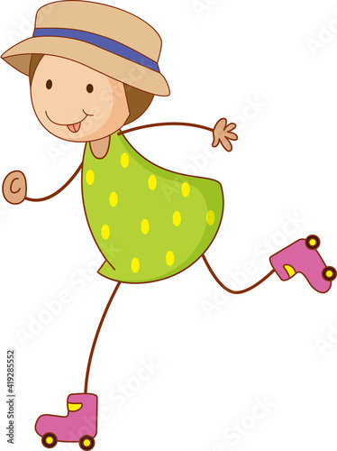 A doodle kid playing roller skates cartoon character isolated