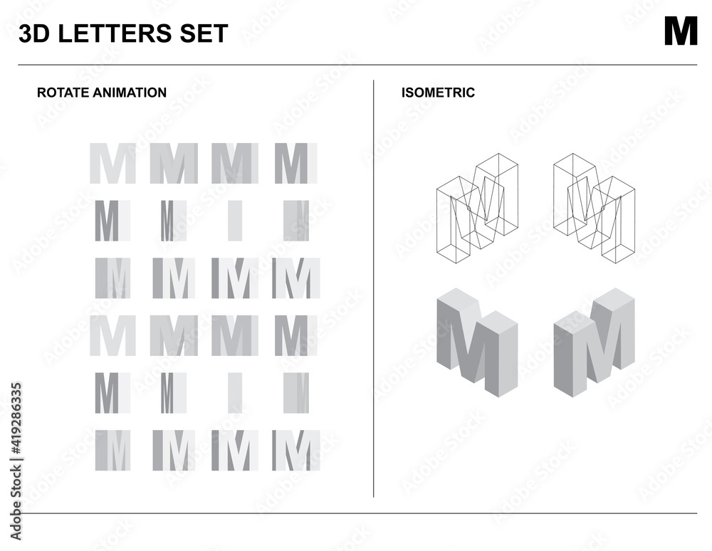 3d M Alphabet Letters Set Animate Isometric Wireframe Vector
