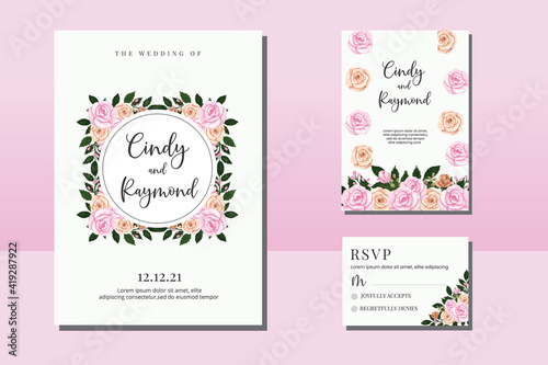 Wedding invitation frame set  floral watercolor hand drawn Rose Flower design Invitation Card Template