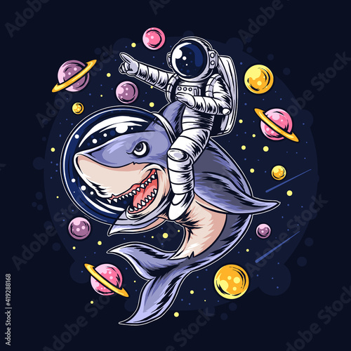 astronauts ride a shark in space with the planets planets