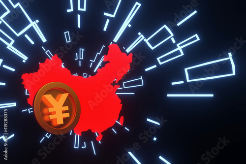 Photos 3d rendering , Coin Digital yuan on red china map and technology background