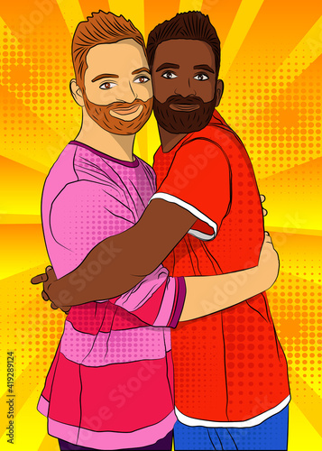 Mixed race young male gay couple hugging each other. Comic book style illustration with a Caucasian and an Afro American couple.