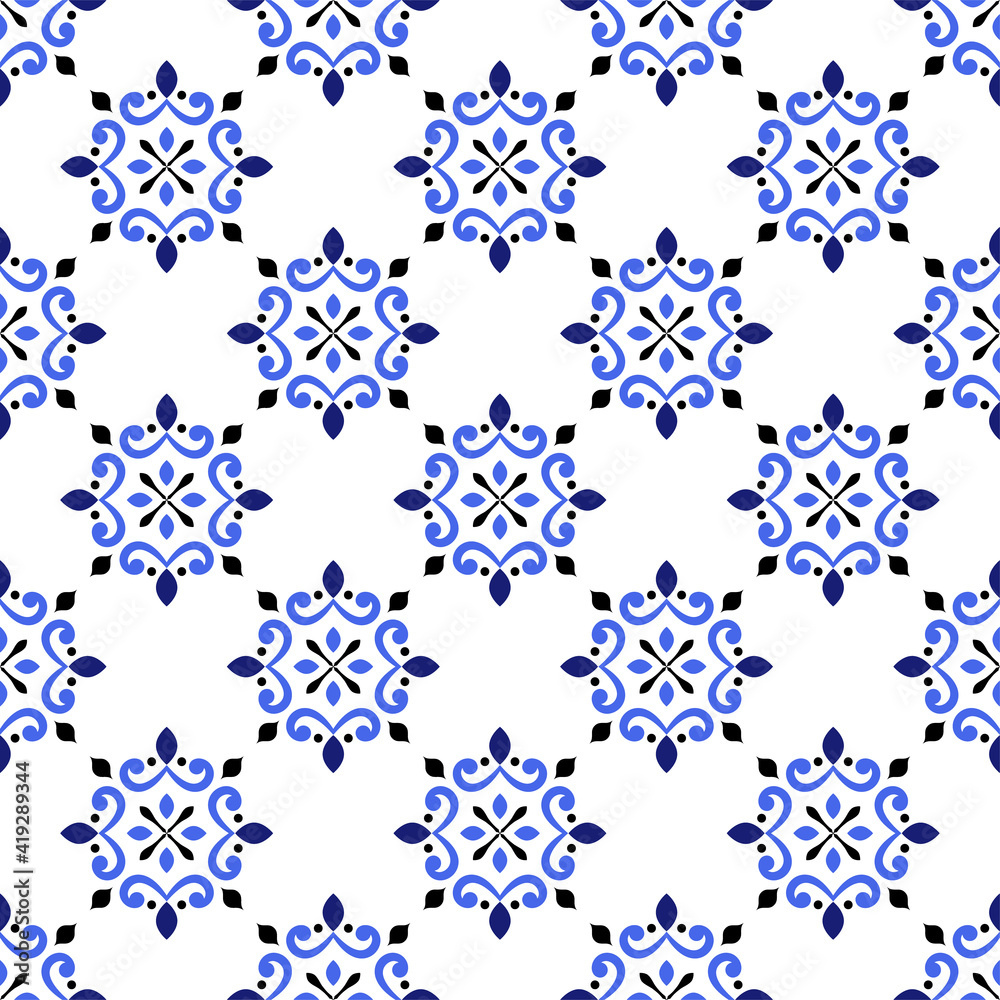 ceramic tile pattern, colorful seamless floral background, blue and white decorative wallpaper decor, Portugal ornament, Moroccan mosaic, pottery folk print, Spanish tableware, vintage tiles design