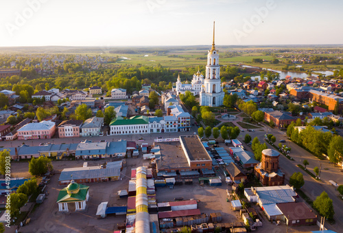 Aerial view of Resurrection Cathedral on bank of Teza River in Russian city of Shuya  Ivanovo oblast
