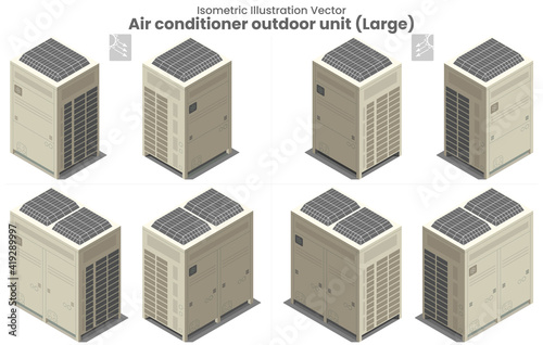 Isometric vector flat design of large air conditioner for systems or condensing unit as various type view of upper blow fan installation outside building of residential or manufacturing