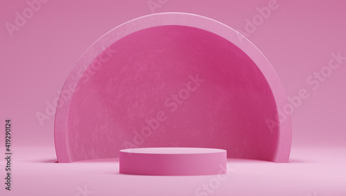 3D mock up podium in sweet candy pink color with hemisphere or arch on pink background. Abstract background in minimalistic mid century style for product or cosmetics presentation. Geometric shapes