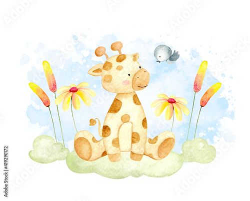 Watercolor cute giraffe in the garden