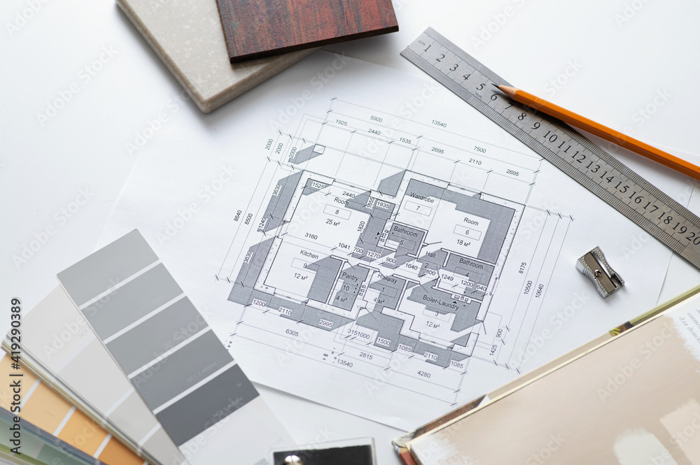 Fototapeta premium architectural plan of the house, selection of materials for design, color palette, material samples