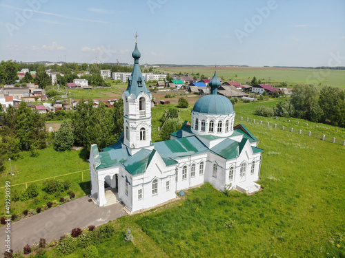 Aerial view of the church in the village of Russkoe (Kirov, Russia)