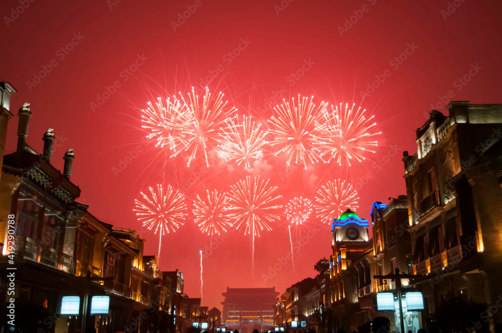 Fototapeta fireworks in qianmen street beijing city