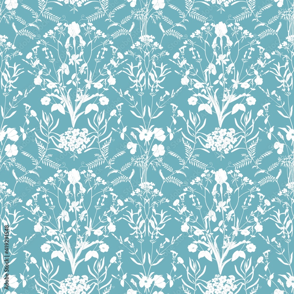 Ornament of delicate wildflowers on a turquoise background. Petunias, phlox, poppies, irises in a floral  pattern for wallpaper and fabric.