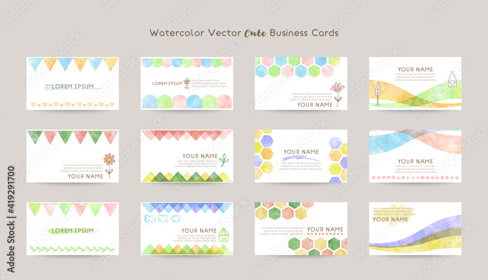 Cute business card design templates (watercolor vector)