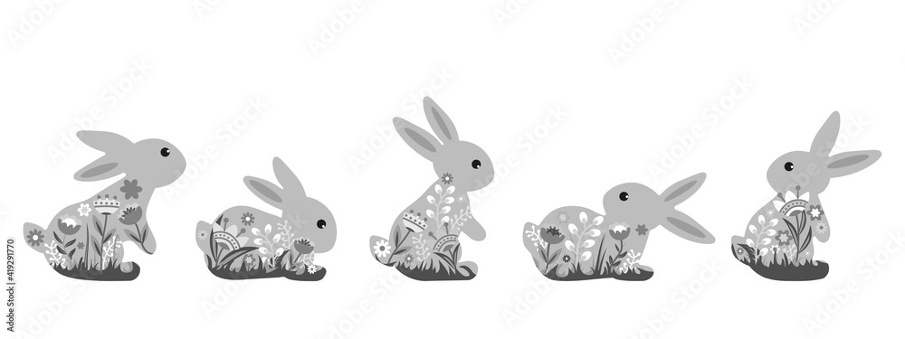custom made wallpaper toronto digitalA set of cute bunnies decorated with flowers. Monochrome image. Vector illustration of a happy Easter icon.