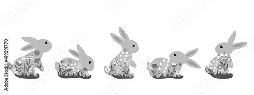 A set of cute bunnies decorated with flowers. Monochrome image. Vector illustration of a happy Easter icon.