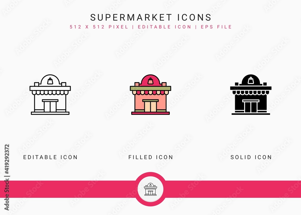 Supermarket icons set vector illustration with solid icon line style. Online store retail concept. Editable stroke icon on isolated background for web design, user interface, and mobile app
