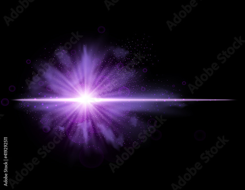 Purple burst with sparkle rays and lens flare effect. Glowing stars. Purple glitter bokeh lights and burst of magical dust particles. Vector illustration.