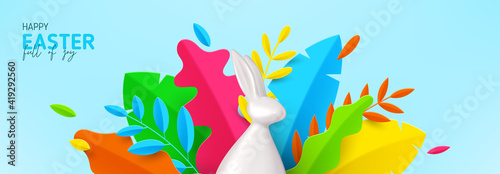 Happy Easter horizontal banner. Porcelain rabbit with color paper decorative leaves on blue background. Vector illustration with 3d decorative objects.