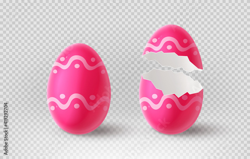 Pink cracked egg isolated on checkered background. Realistic egg shells. Vector illustration with 3d decorative object for Easter design.