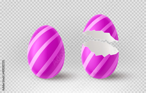 Violet cracked egg isolated on checkered background. Realistic egg shells. Vector illustration with 3d decorative object for Easter design.