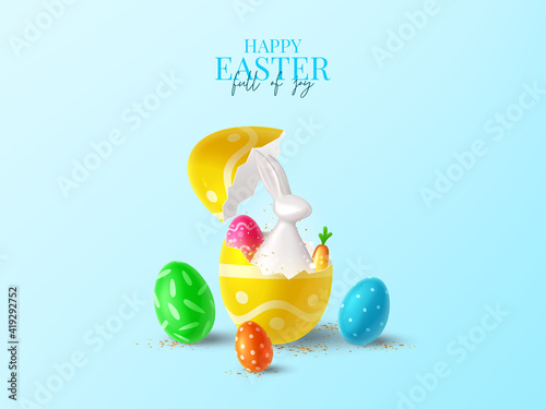 Happy Easter holiday banner. Color eggs with Easter decoration, porcelain rabbit in broken egg and golden confetti on blue background. Vector illustration with 3d decorative objects.