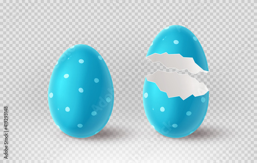 Blue cracked egg isolated on checkered background. Realistic egg shells. Vector illustration with 3d decorative object for Easter design.