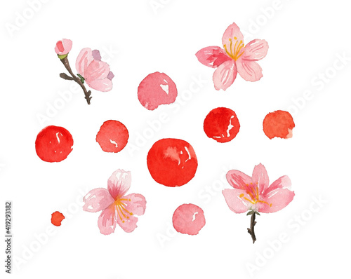 Cute set with Japanese theme in watercolor style. Watercolor sakura. Japanese elements.