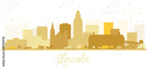 Lincoln Nebraska City Skyline Silhouette with Golden Buildings Isolated on White.