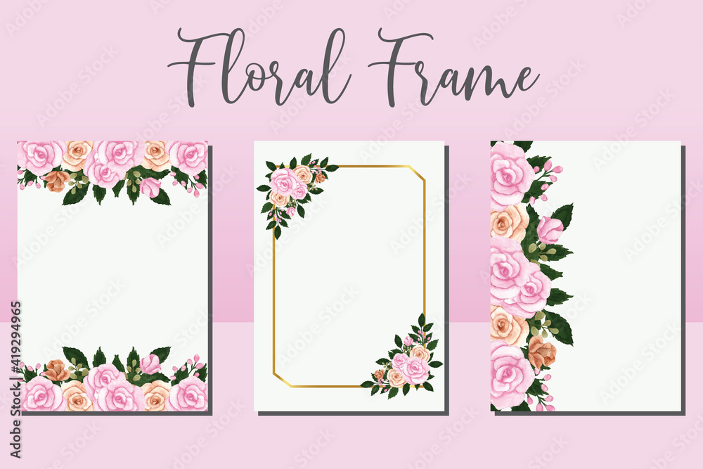 Wedding invitation frame set, floral watercolor hand drawn Rose Flower design Invitation Card Template