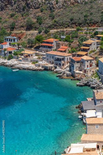 Panoramic view of Limeni village. The picturesque villlage with the turquoise waters and the stone buildings under Areopoli, peloponnese , Greece.