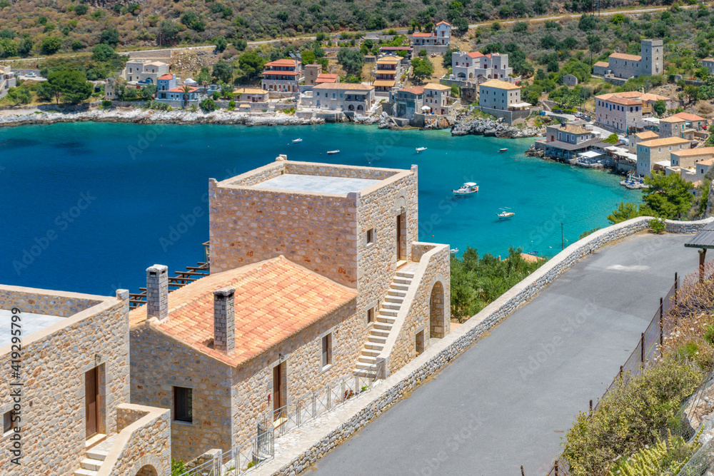 Panoramic view of  Limeni village. The picturesque  villlage with the turquoise waters and the stone buildings under Areopoli, peloponnese , Greece.