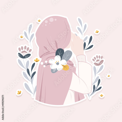 Beautiful Muslim women wearing hijab illustration. cute little girl with floral wreath character