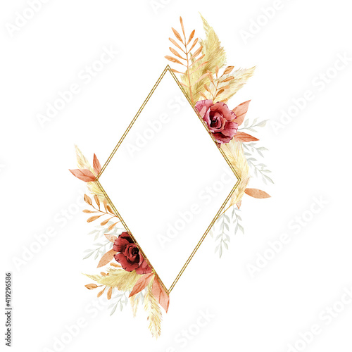 Watercolor boho frame pampas grass and burgundy flower. Dusty Wild floral, branches, leaves, foliage. Fall Autumn for wedding card, bridal card.