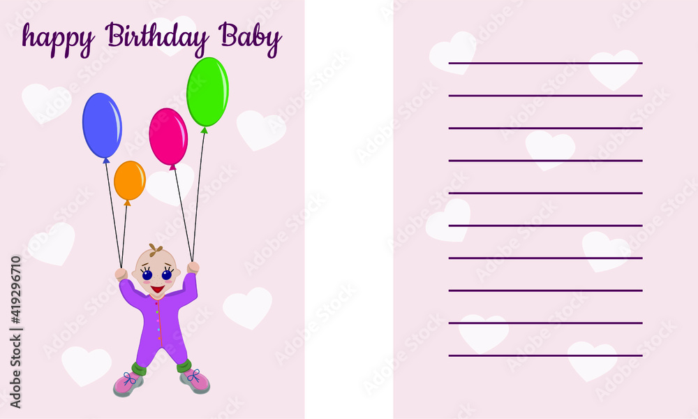 postcard happy Birthday Baby with balloons on a pink background postcard happy Birthday Baby with balloons on a pink background