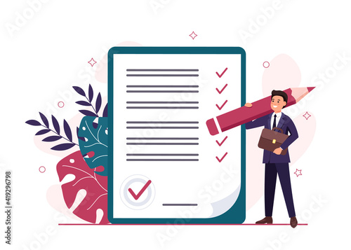 Happy businessman holding pen or pencil, looking at checklist on clipboard. To-do list and planning project with office supplies.